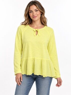 Tribal Jeans Lemon Drop Yellow Tie-Neck Ruffle Hem Top Small NWT